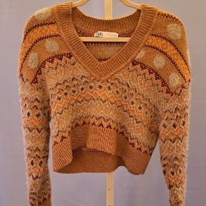 Zara Brown and Orange V-Neck Sweater